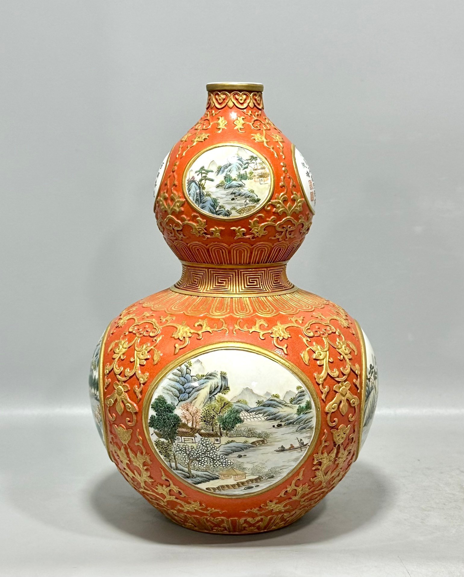 Qing Dynasty Qianlong pastel coral red carved gold-painted flowers figures poems and gourd vase
