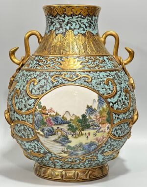 Qing Dynasty Qianlong Bronze color carving with gilded window landscape pavilion and figure Ruyi amphora