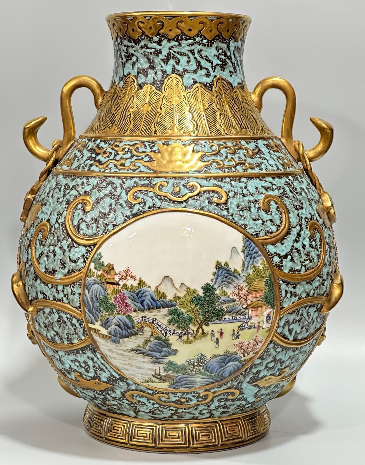 Qing Dynasty Qianlong Bronze color carving with gilded window landscape pavilion and figure Ruyi amphora