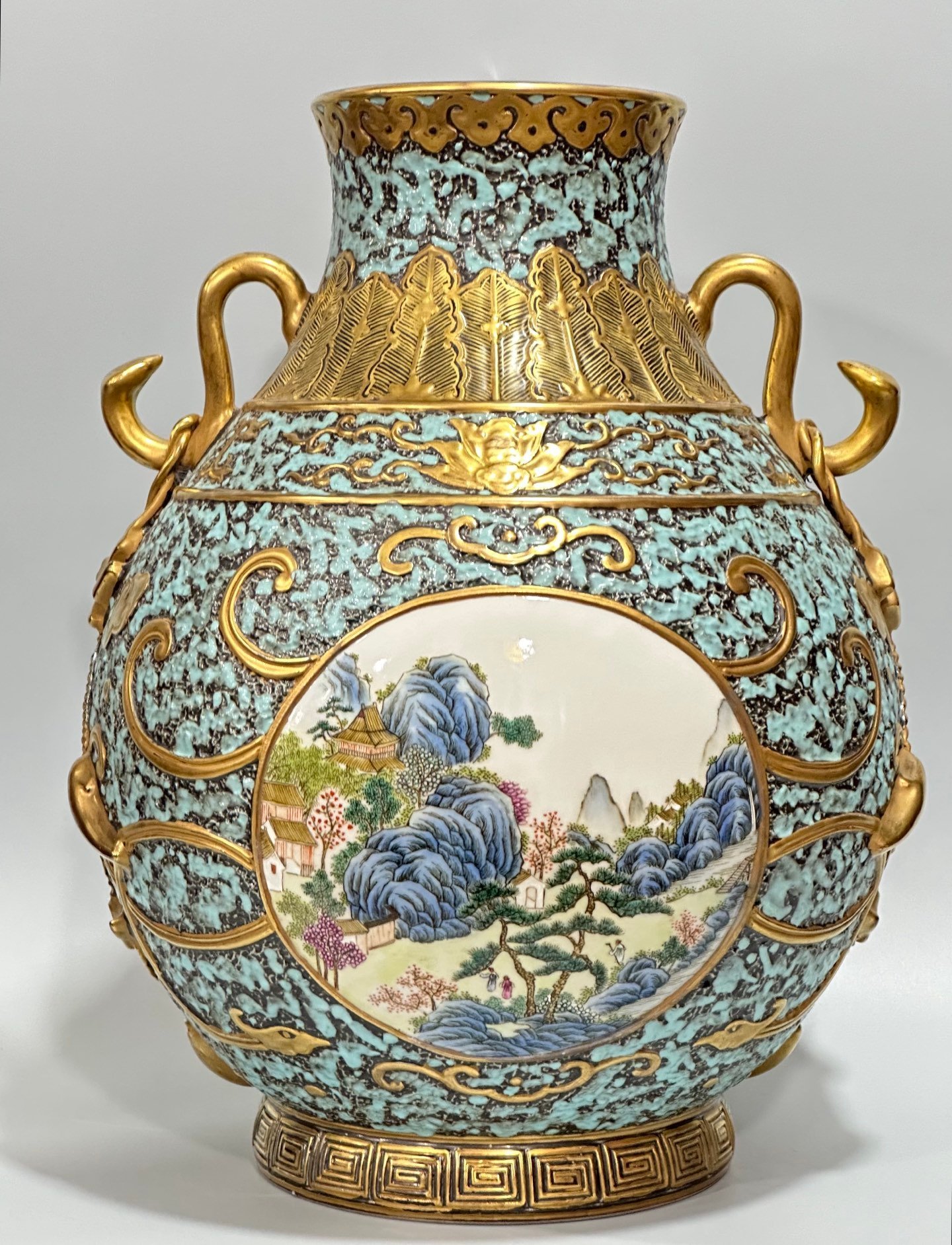 Qing Dynasty Qianlong Bronze color carving with gilded window landscape pavilion and figure Ruyi amphora