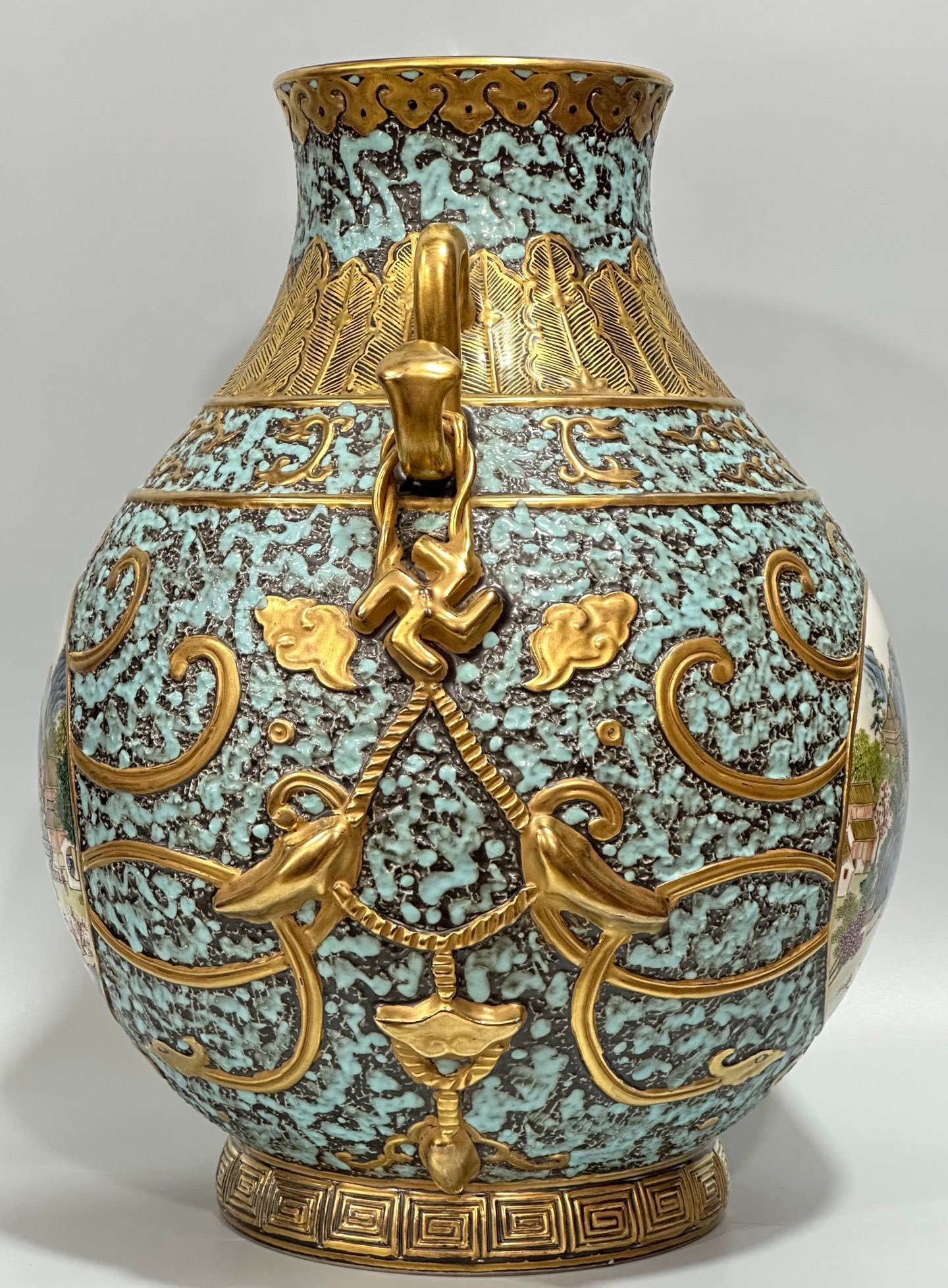 Qing Dynasty Qianlong Bronze color carving with gilded window landscape pavilion and figure Ruyi amphora