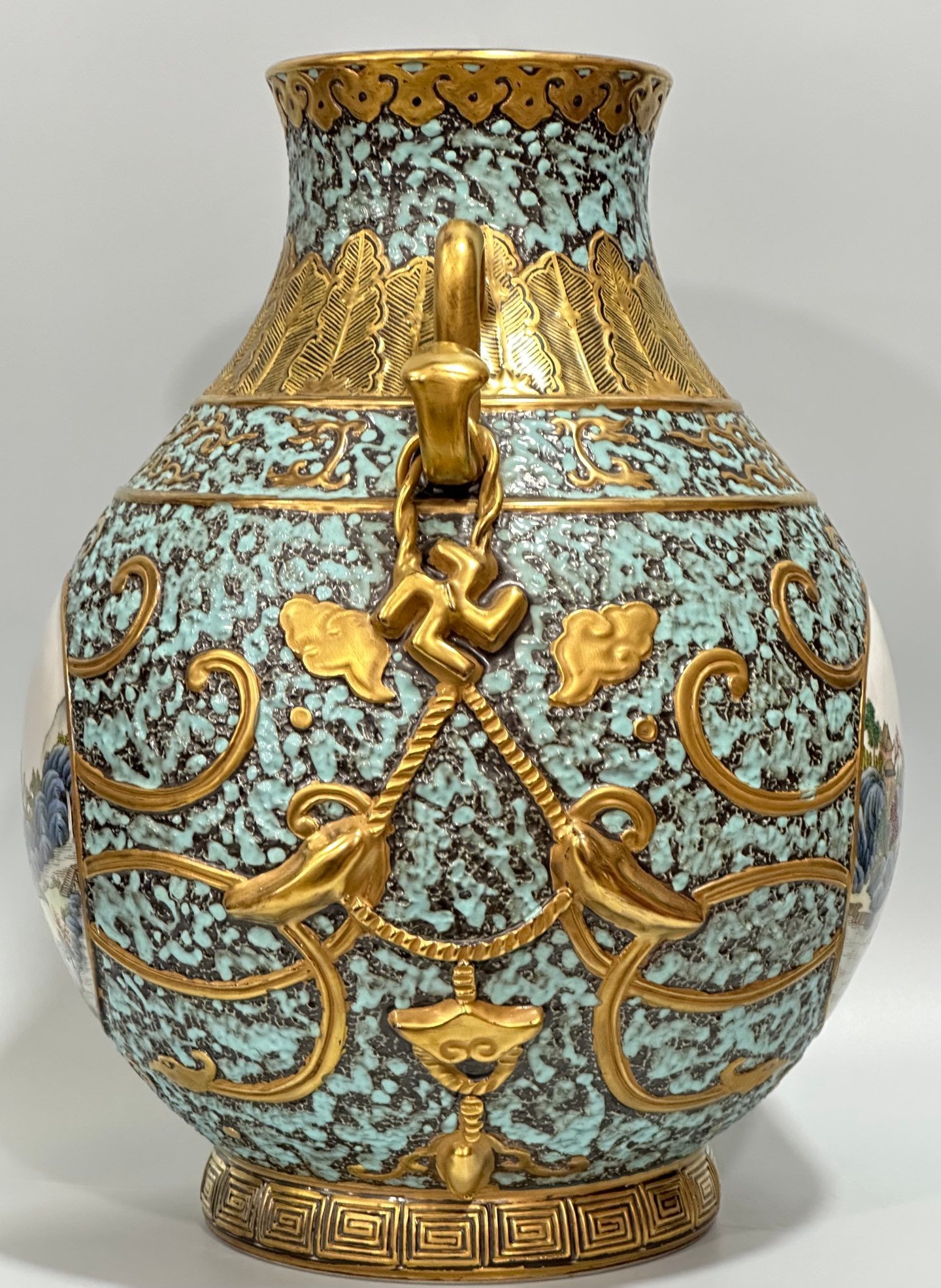 Qing Dynasty Qianlong Bronze color carving with gilded window landscape pavilion and figure Ruyi amphora