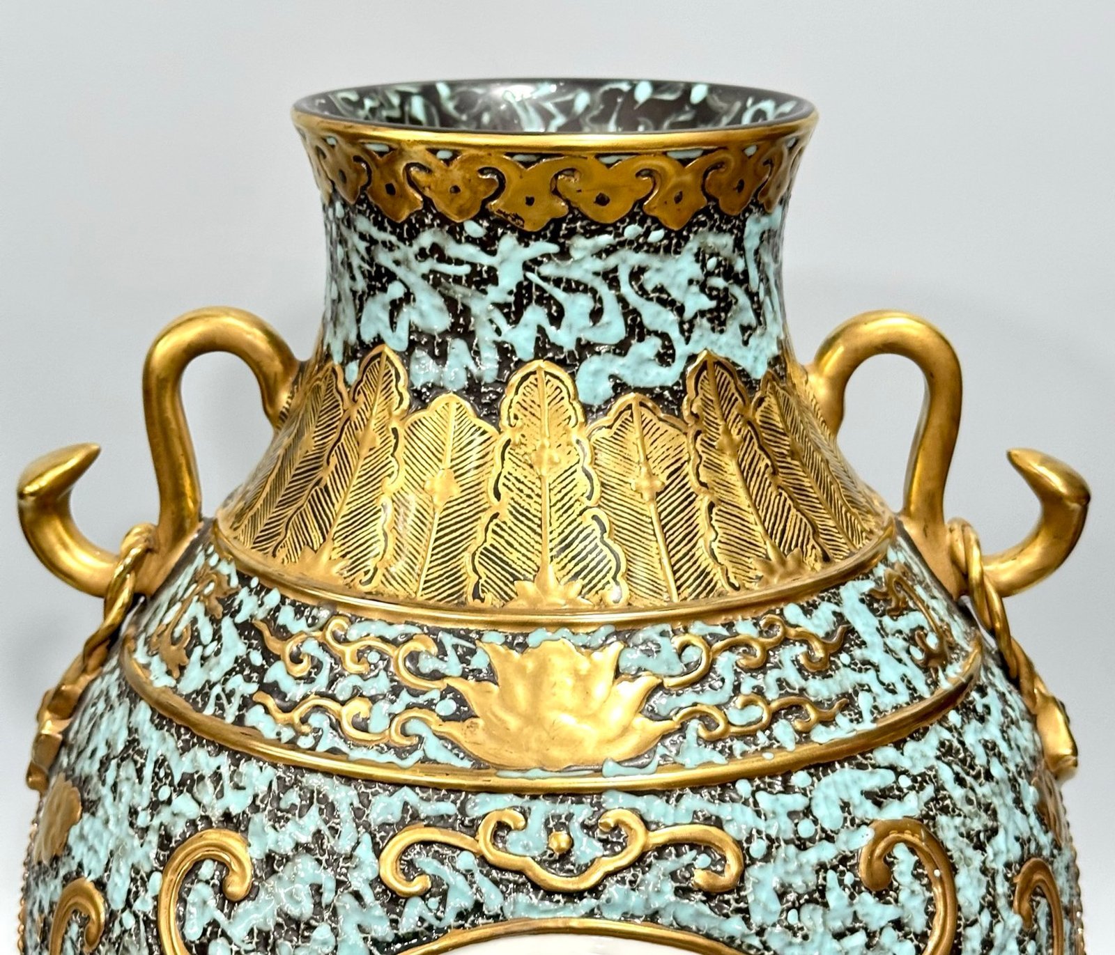 Qing Dynasty Qianlong Bronze color carving with gilded window landscape pavilion and figure Ruyi amphora