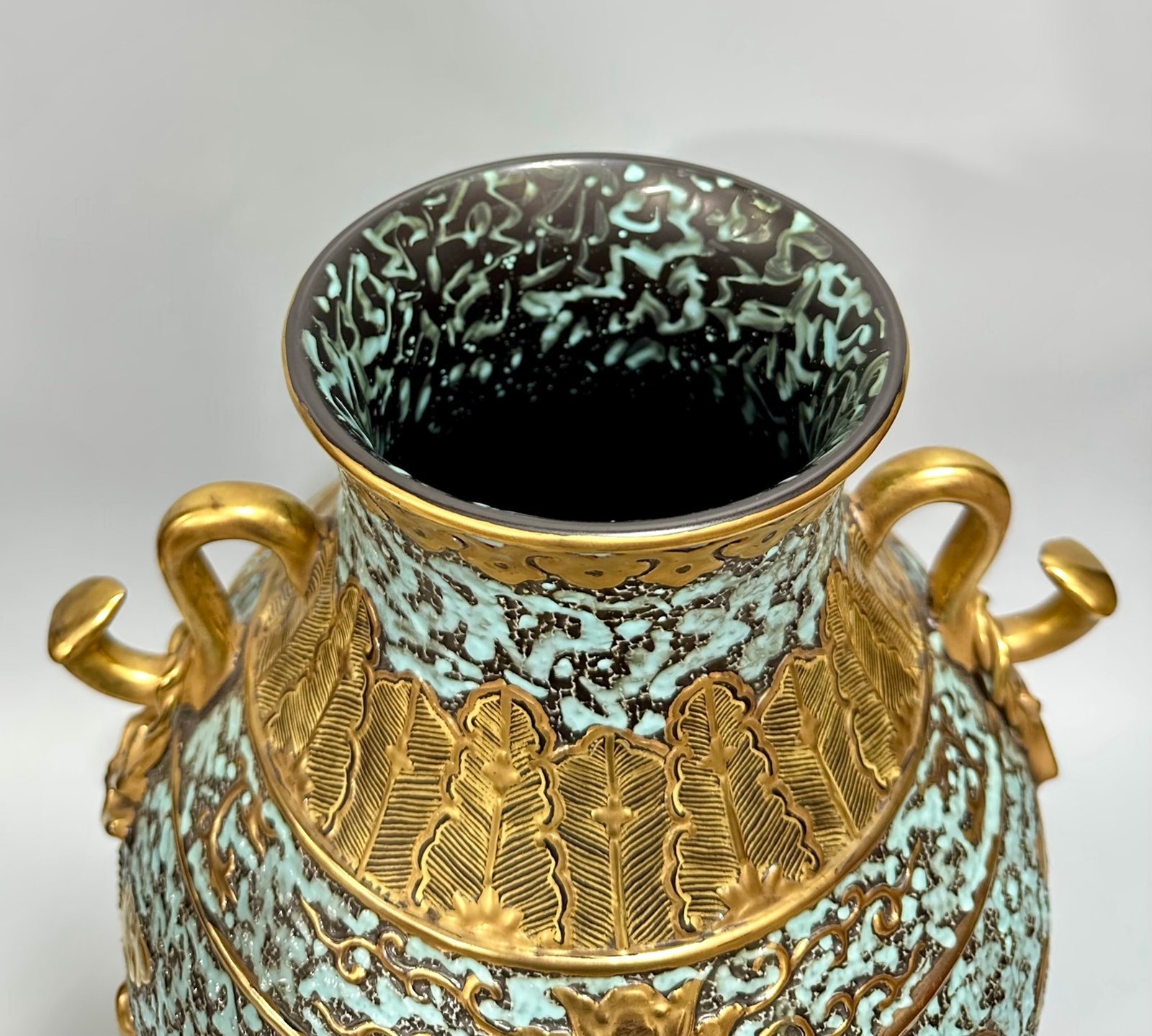 Qing Dynasty Qianlong Bronze color carving with gilded window landscape pavilion and figure Ruyi amphora