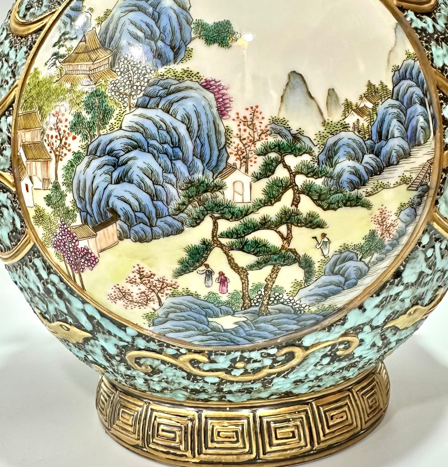 Qing Dynasty Qianlong Bronze color carving with gilded window landscape pavilion and figure Ruyi amphora