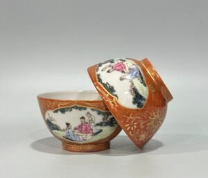 Qing Dynasty Qianlong Yangcai coral red gold flowers branches window character story cup