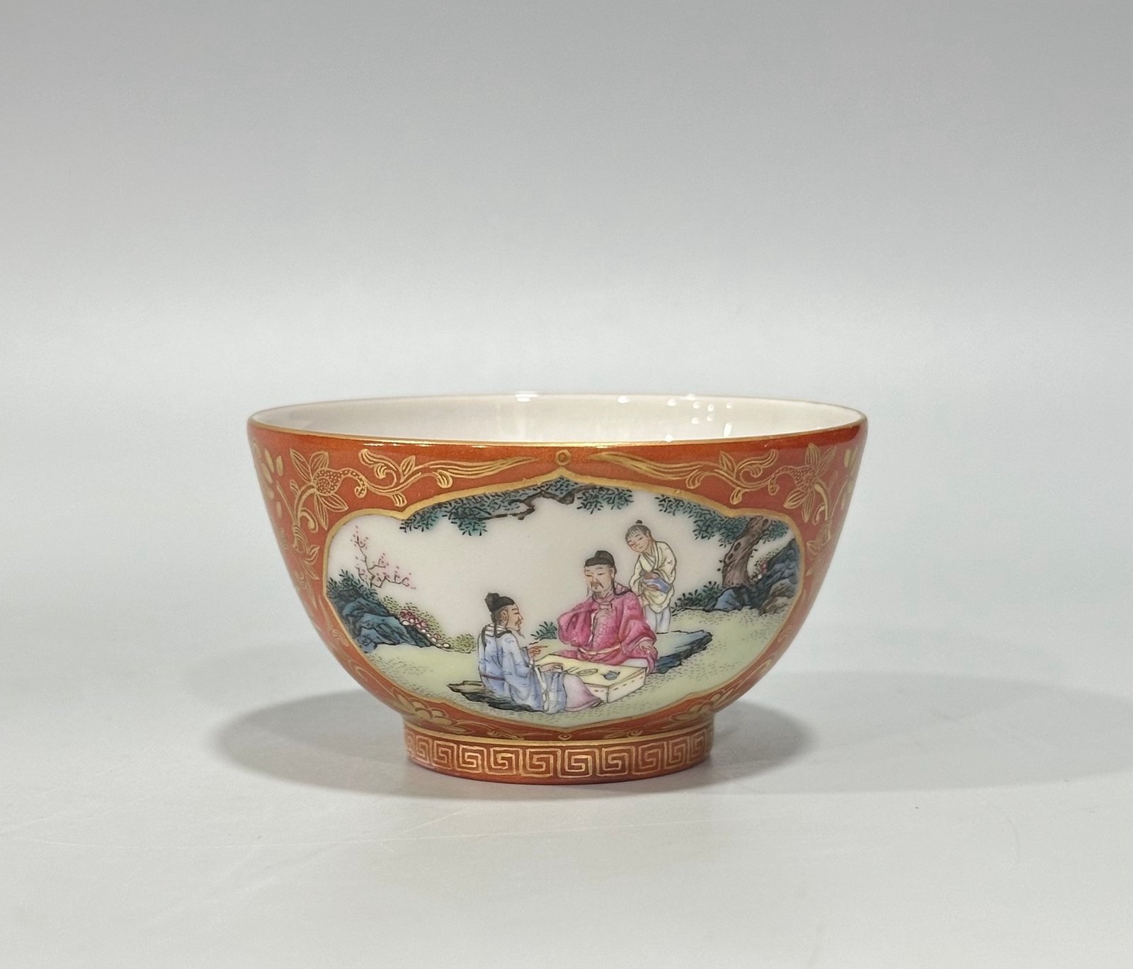 Qing Dynasty Qianlong Yangcai coral red gold flowers branches window character story cup
