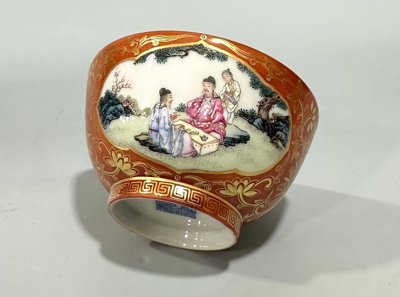 Qing Dynasty Qianlong Yangcai coral red gold flowers branches window character story cup