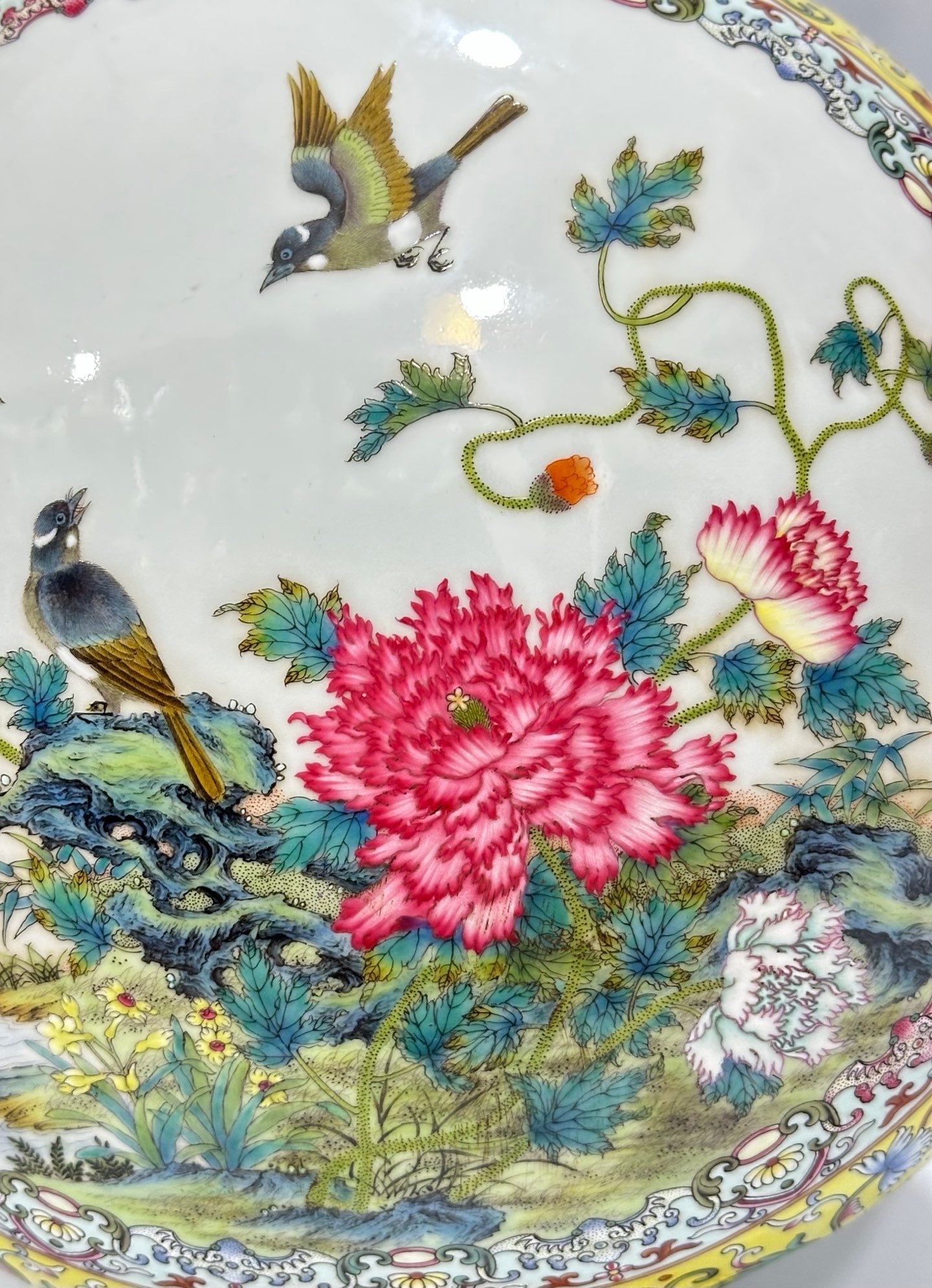 Qing Dynasty Qianlong Yangcai yellow ground flowers entwining branches double ears holding the moon vase