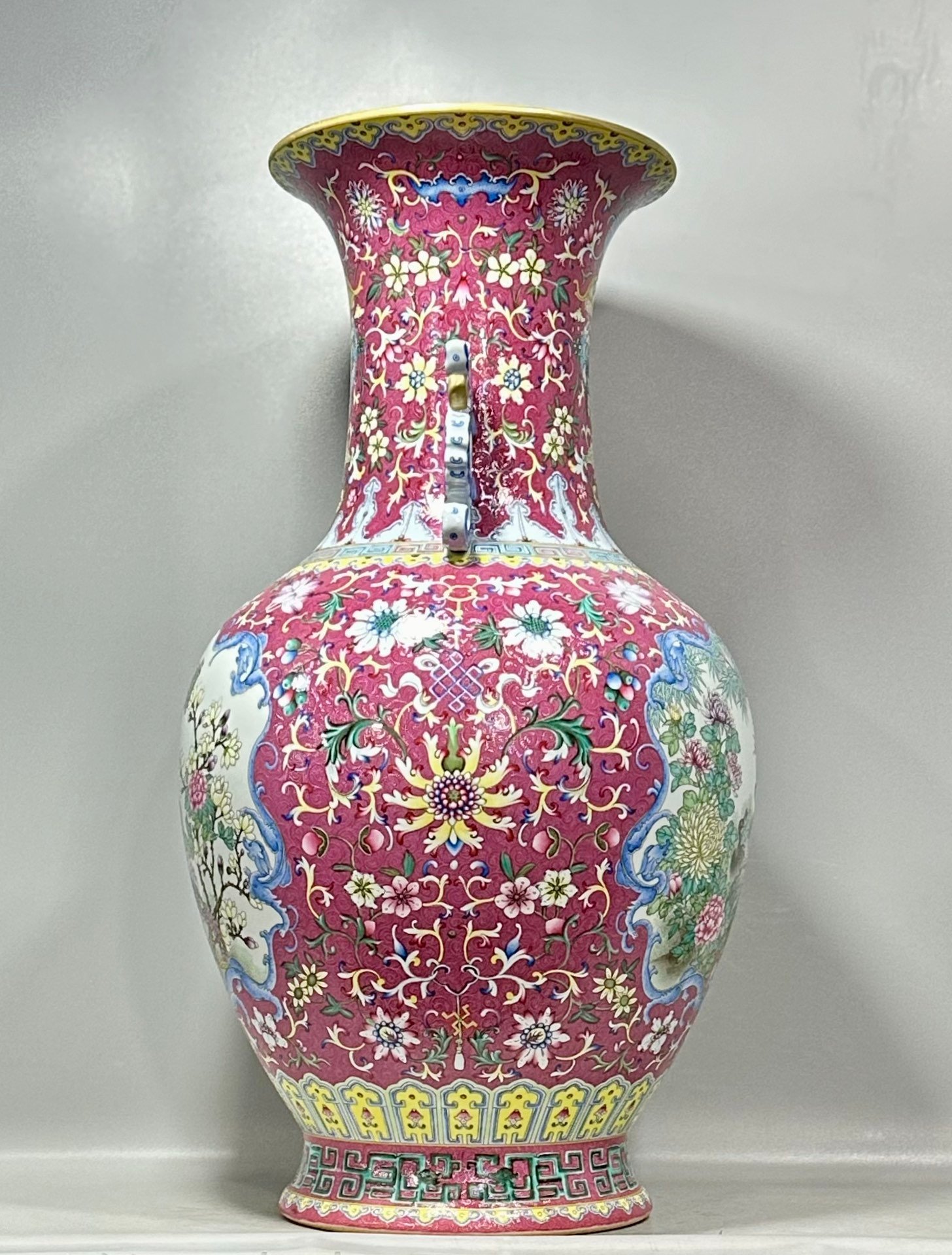 Qing Dynasty Qianlong Enamel and rouge flower and bird amphora