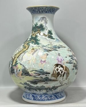 Qing Dynasty Qianlong jade spring vase with pastel colors of figures feeding horses