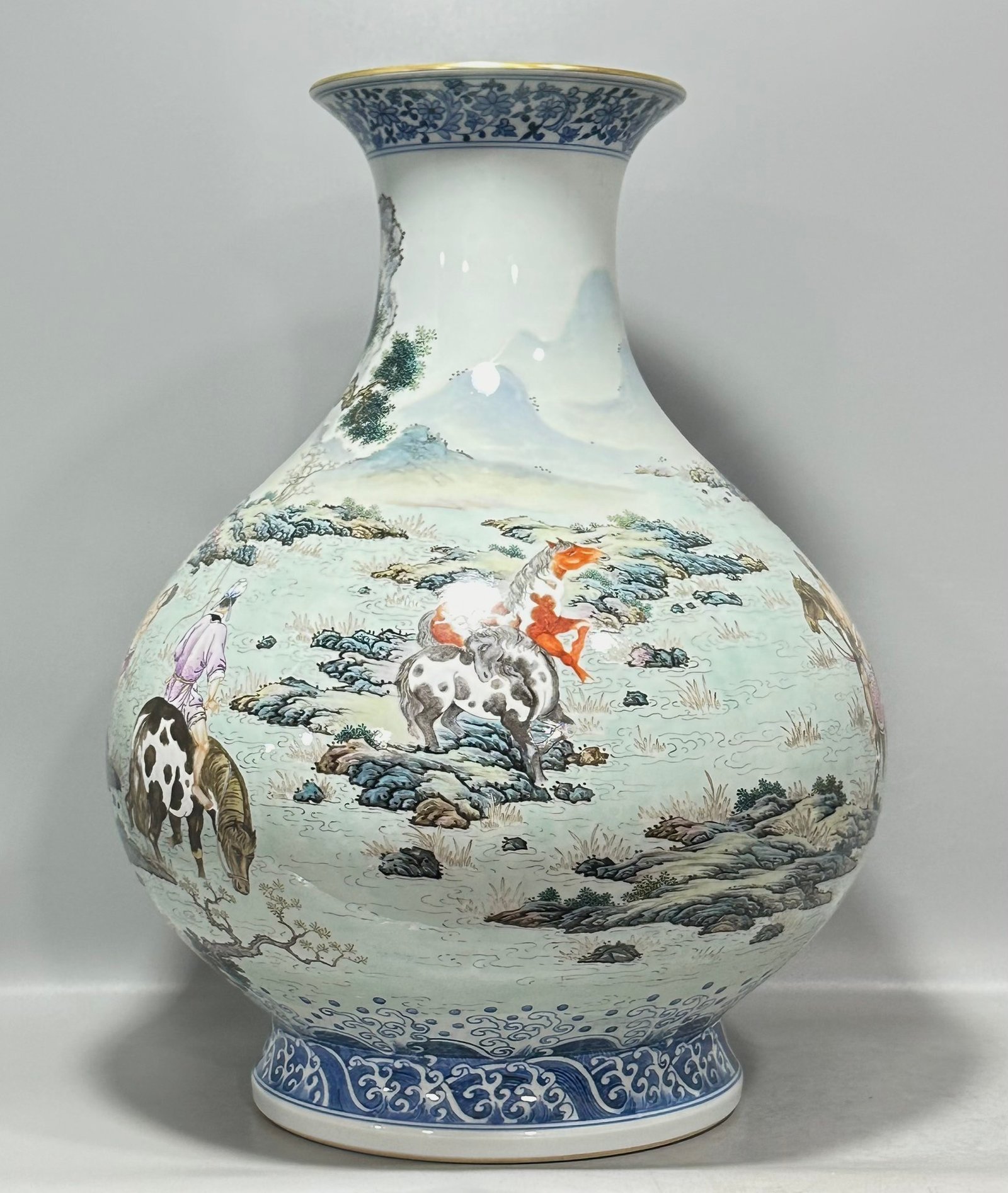 Qing Dynasty Qianlong jade spring vase with pastel colors of figures feeding horses
