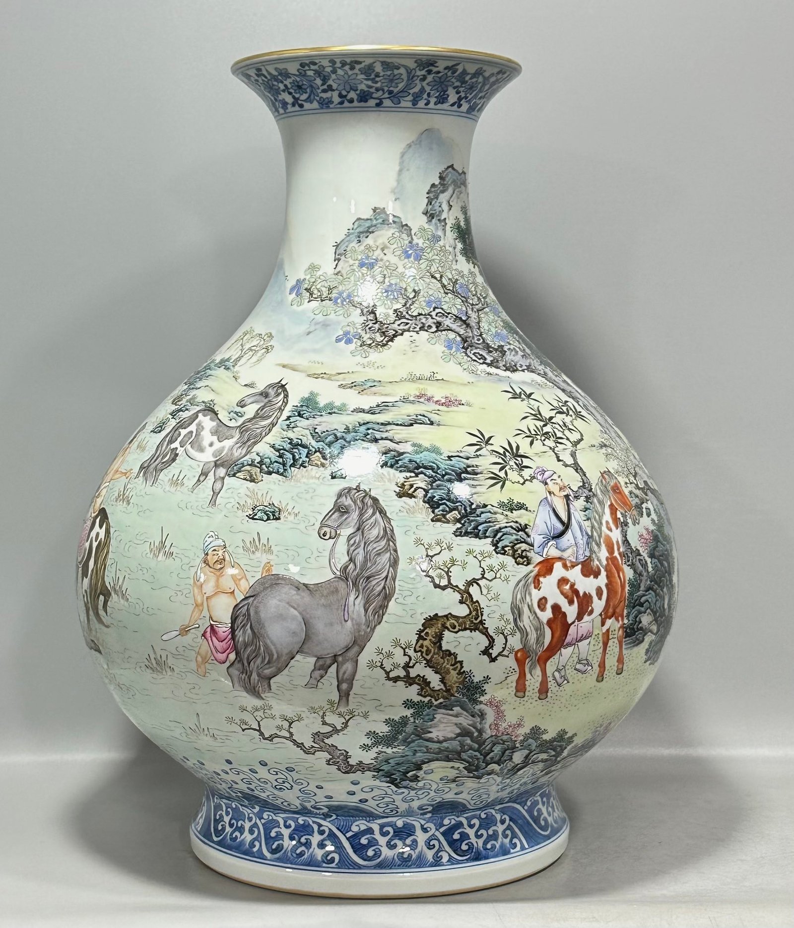 Qing Dynasty Qianlong jade spring vase with pastel colors of figures feeding horses