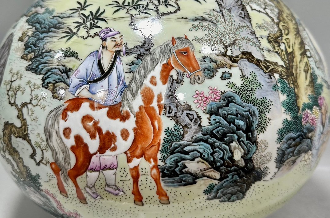 Qing Dynasty Qianlong jade spring vase with pastel colors of figures feeding horses