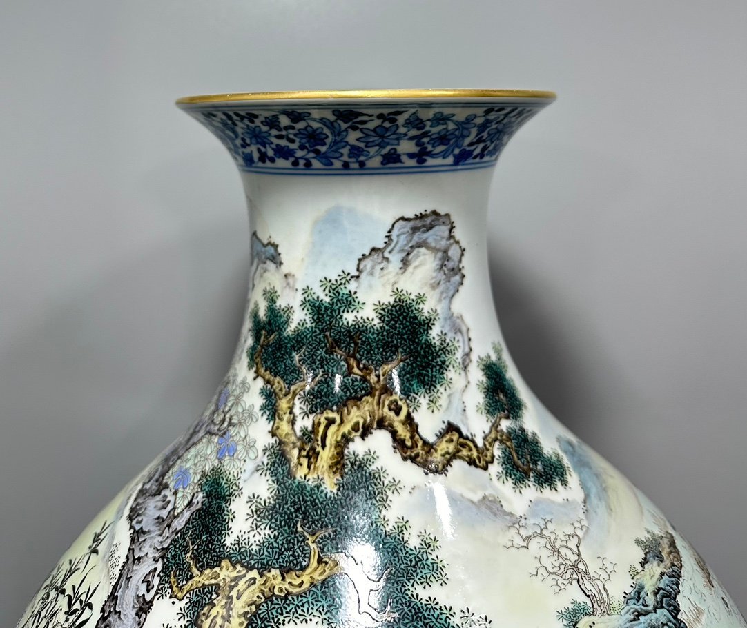 Qing Dynasty Qianlong jade spring vase with pastel colors of figures feeding horses