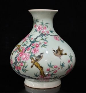 Qing Dynasty Qianlong Pastel bean green glaze jade pot spring vase with flowers and birds poetry