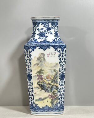 Qing Dynasty Qianlong Pastel blue and white tangled branches window landscape pavilion and figure square vase