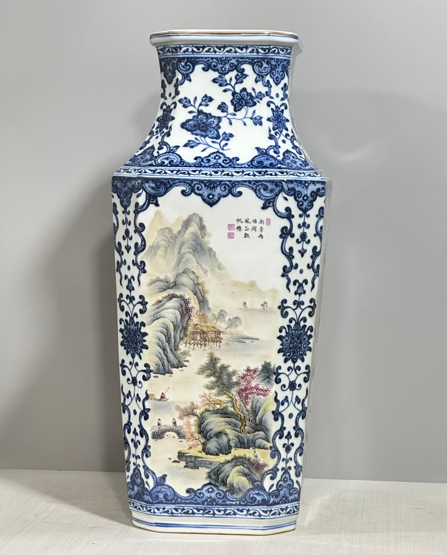 Qing Dynasty Qianlong Pastel blue and white tangled branches window landscape pavilion and figure square vase