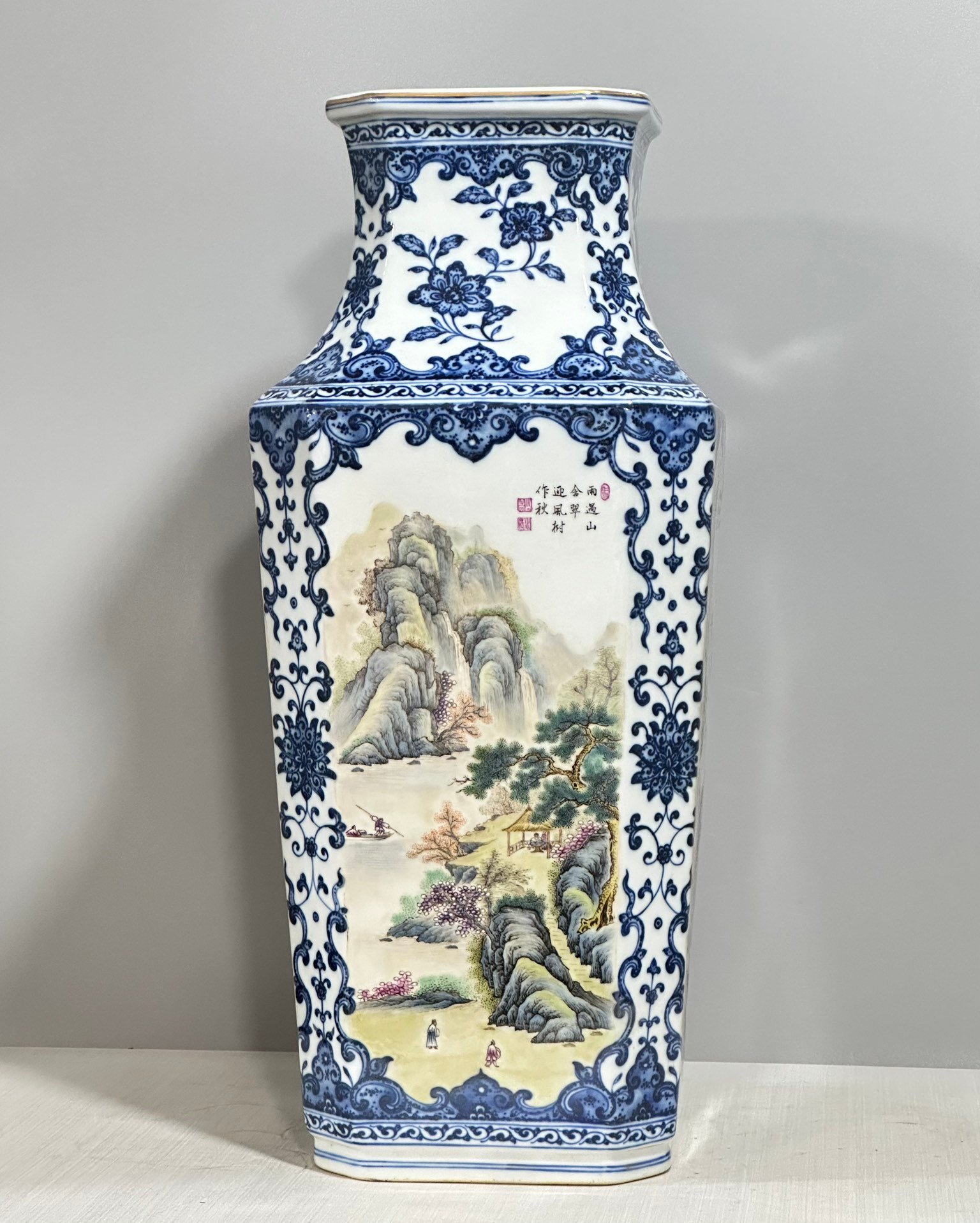 Qing Dynasty Qianlong Pastel blue and white tangled branches window landscape pavilion and figure square vase