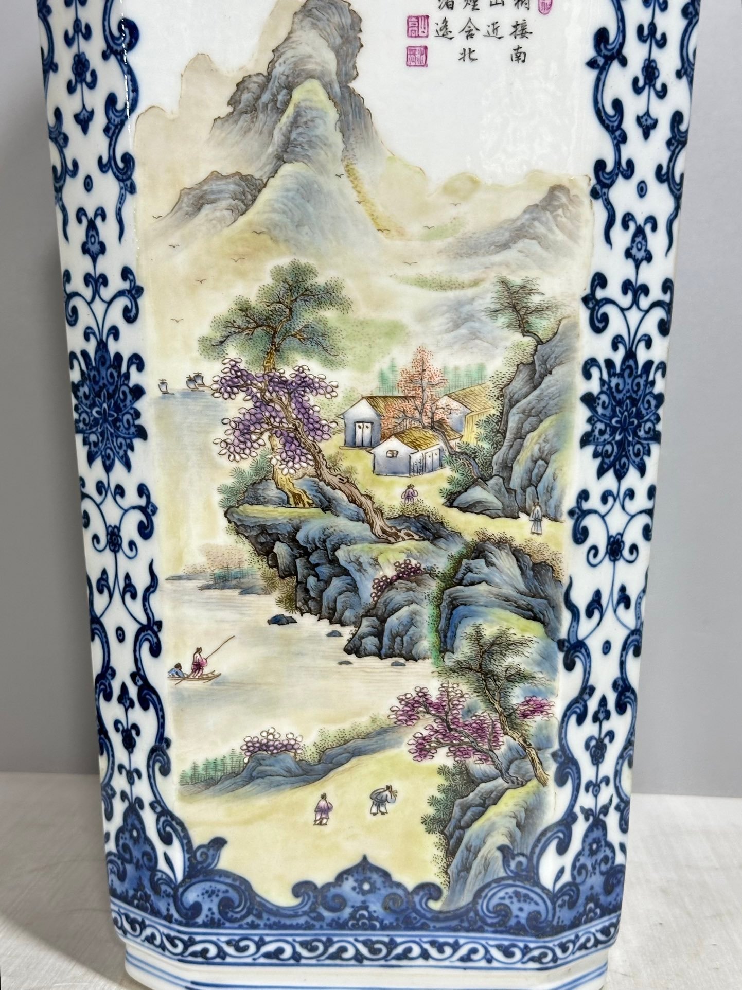 Qing Dynasty Qianlong Pastel blue and white tangled branches window landscape pavilion and figure square vase
