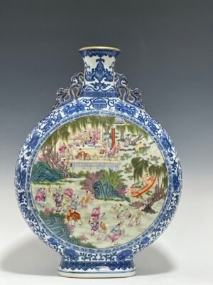 Qing Dynasty Qianlong Pastel blue and white flowers with hundred figures double ears holding the moon vase