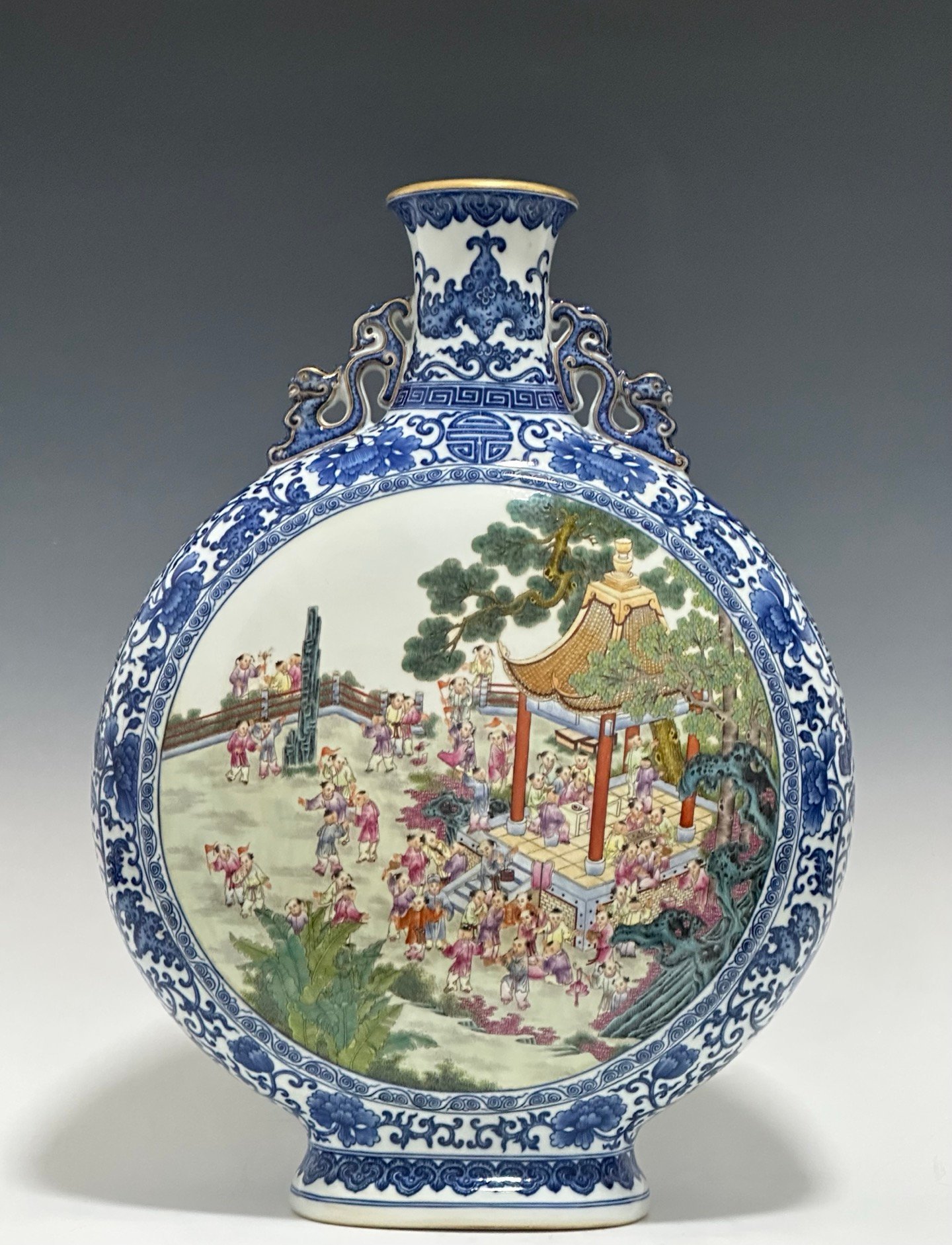 Qing Dynasty Qianlong Pastel blue and white flowers with hundred figures double ears holding the moon vase
