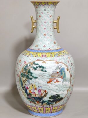 Qing Dynasty Qianlong swastika pattern window figure landscape amphora
