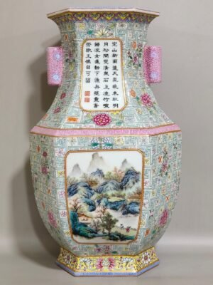 Qing Dynasty Qianlong open window landscape poem inscribed with dragon bottom six-sided amphorae