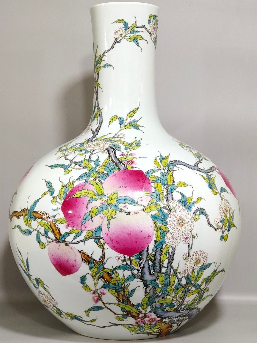 Qing Dynasty Qianlong Five Blessings and Nine Peach Celestial Ball Vase