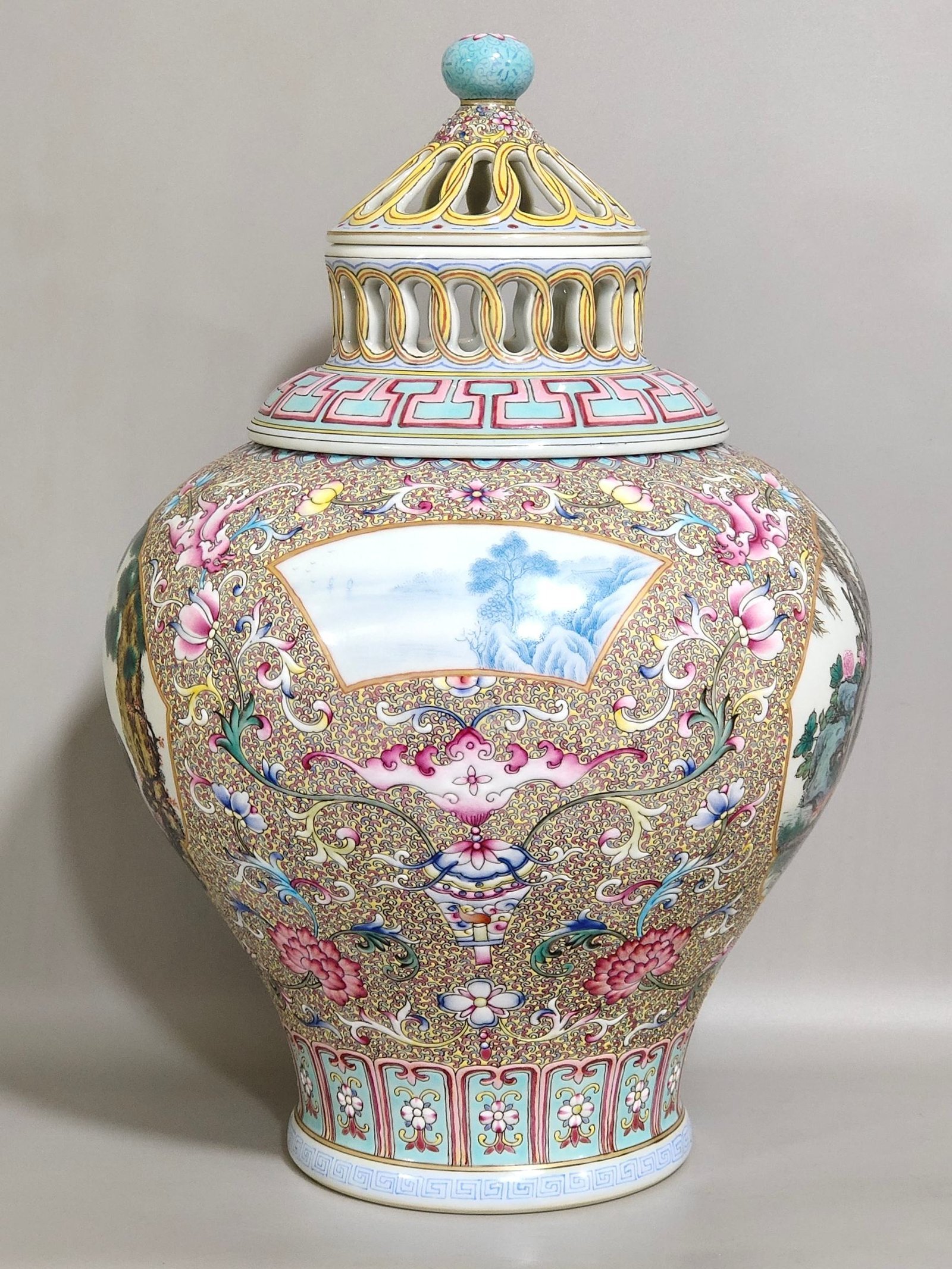 Qing Dynasty Qianlong Aluminum red landscape attic incense burner
