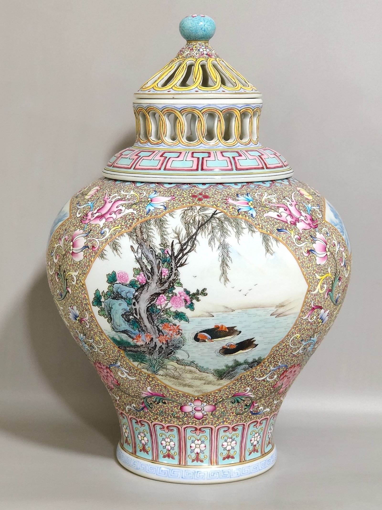 Qing Dynasty Qianlong Aluminum red landscape attic incense burner