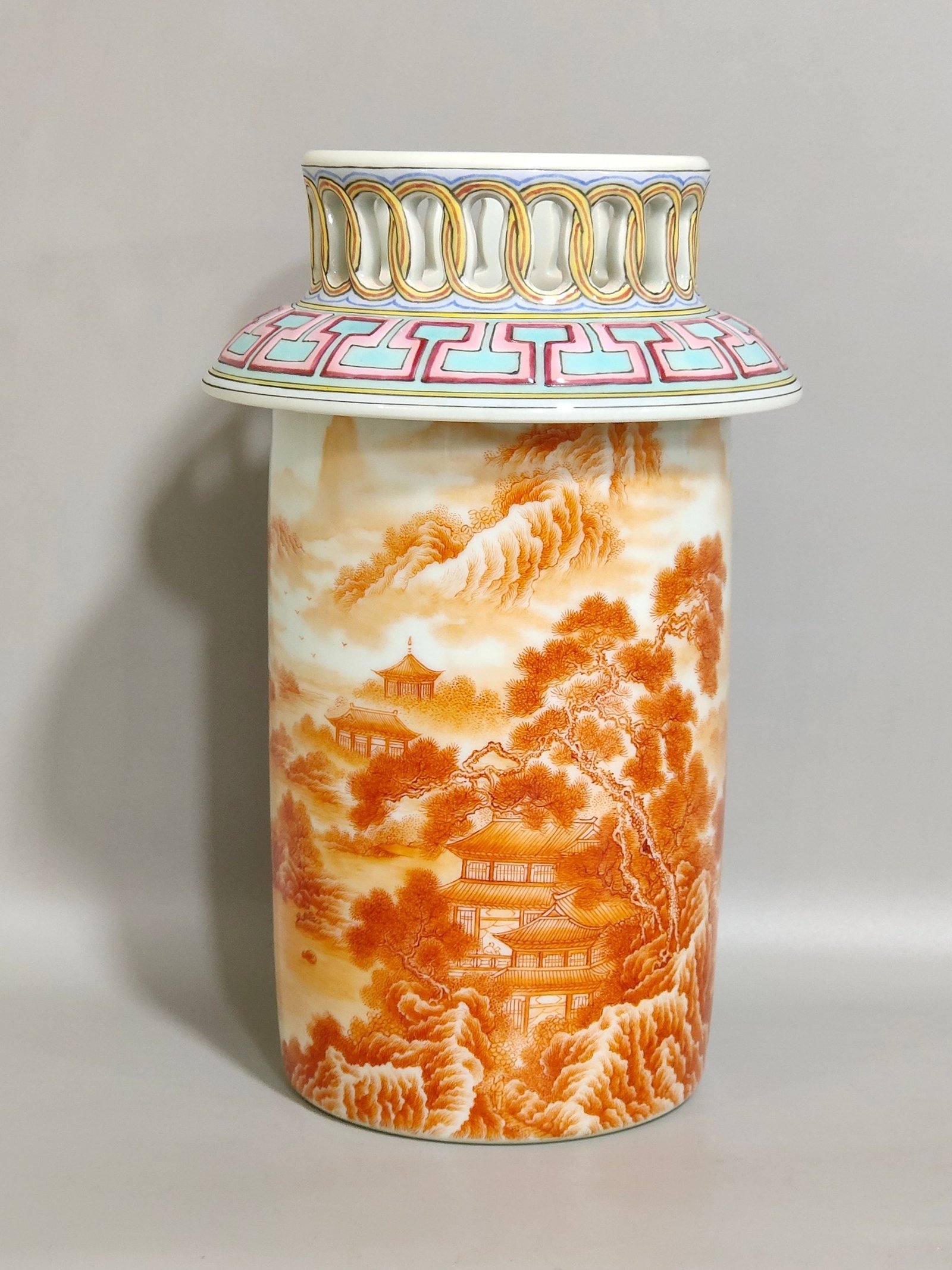Qing Dynasty Qianlong Aluminum red landscape attic incense burner