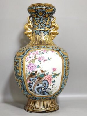 Qing Dynasty Qianlong bronze color window flower and bird amphorae