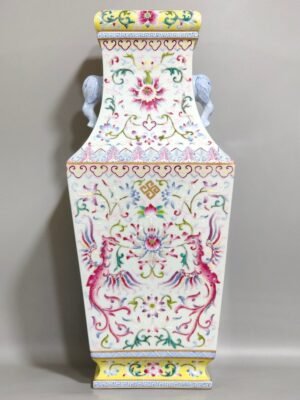 Qing Dynasty Qianlong Double Phoenix Elephant Ear Square Vase