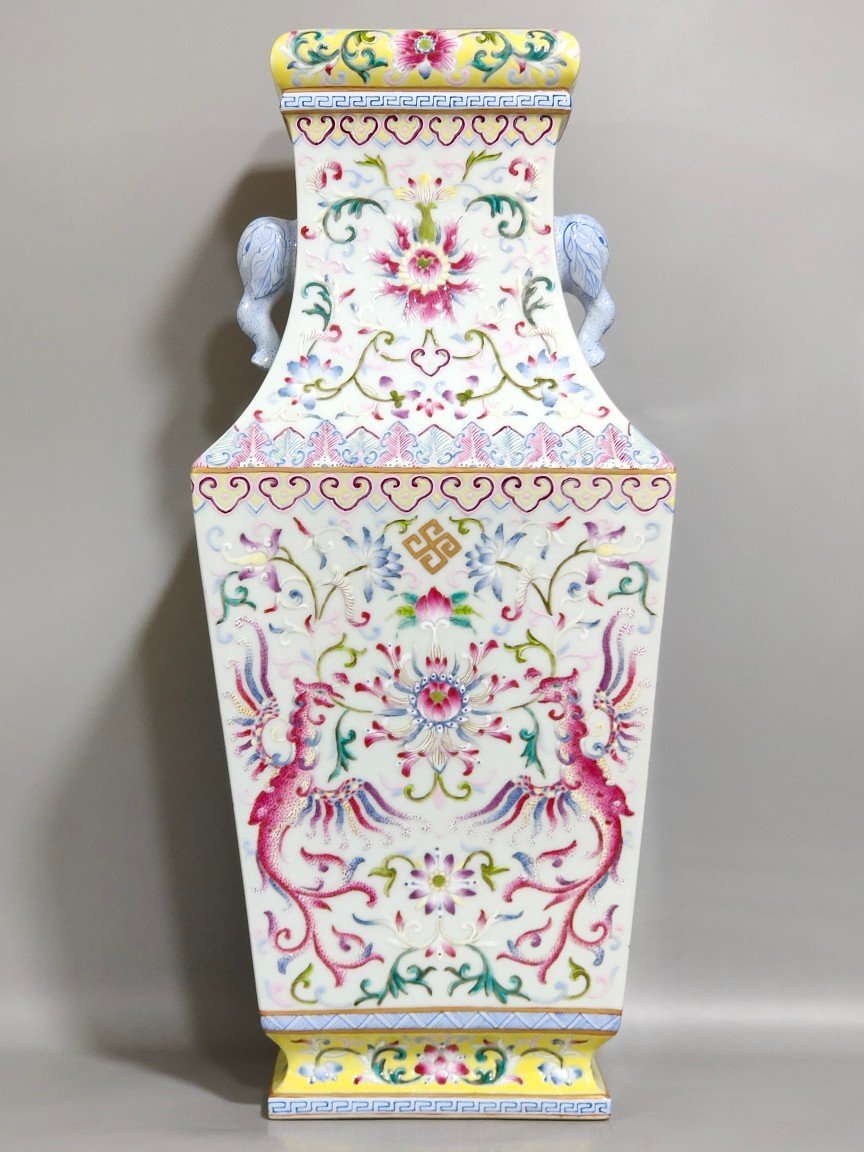 Qing Dynasty Qianlong Double Phoenix Elephant Ear Square Vase