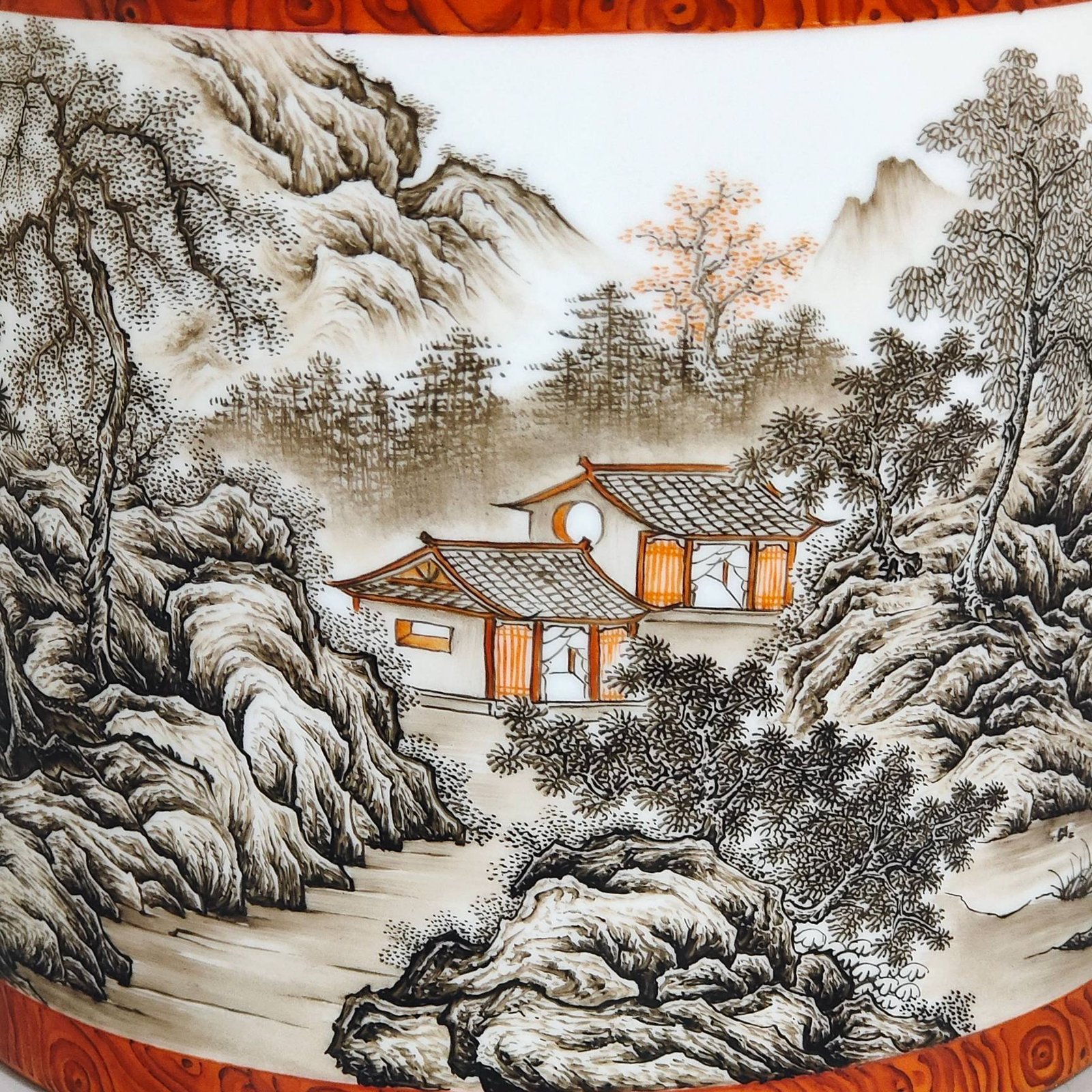 Qing Dynasty Qianlong wood grain glazed landscape pen holder