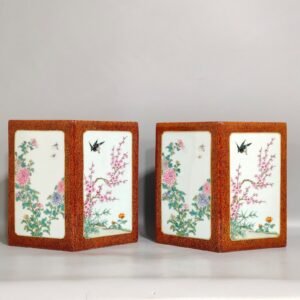 Qing Dynasty Qianlong wood grain glazed prismatic flower and bird pen holder