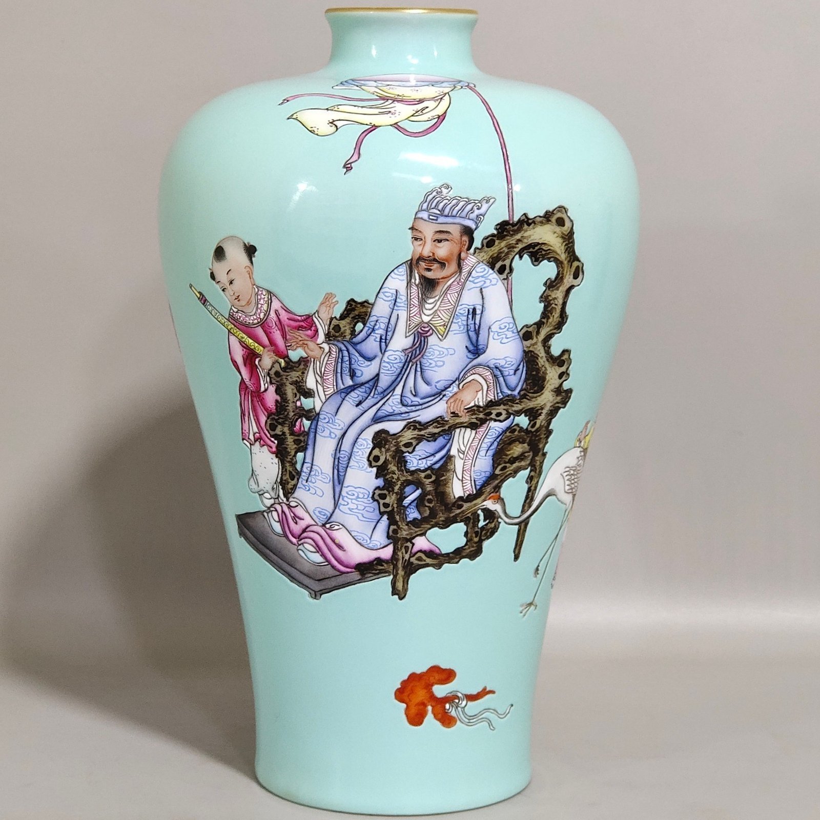 Qing Dynasty Qianlong turquoise green character story poem plum vase