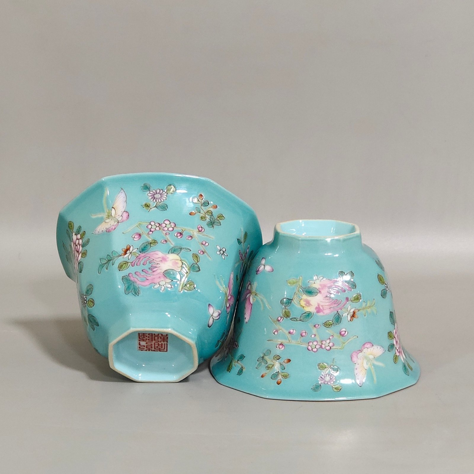 Qing Dynasty Qianlong turquoise green branched flowers and three more butterflies octagonal cup