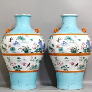Qing Dynasty Qianlong turquoise green lotus spring swallow plum vase