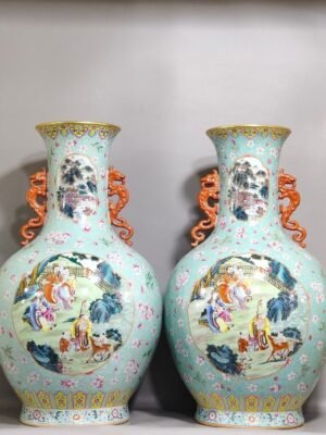 Qing Dynasty Qianlong turquoise green glaze window character story amphora