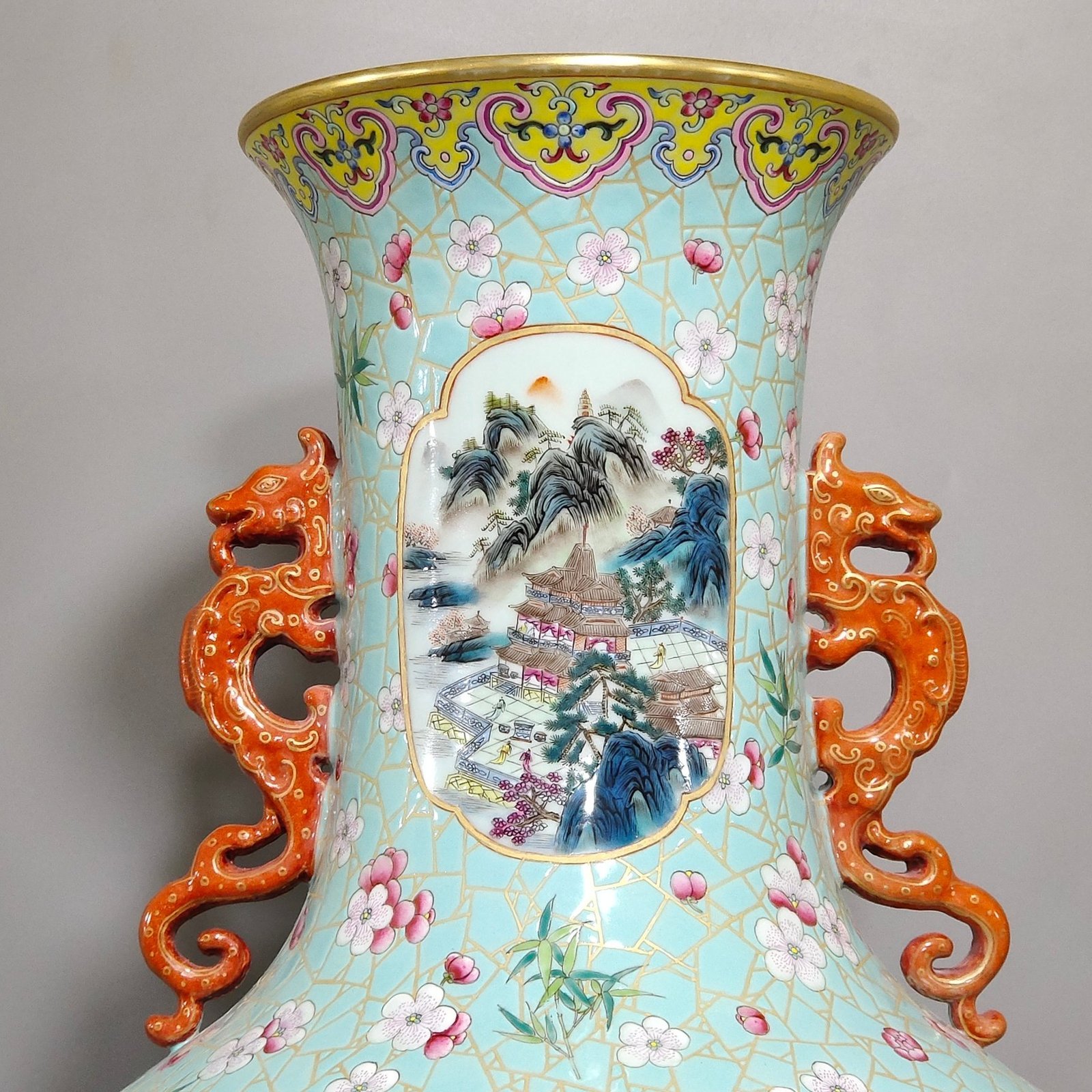 Qing Dynasty Qianlong turquoise green glaze window character story amphora