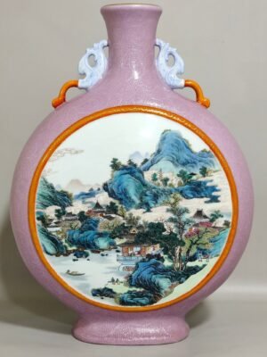 Qing Dynasty Qianlong peach red glazed flower-opening landscape and moon vase