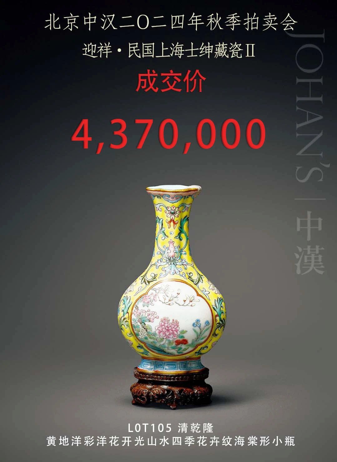 Qing Dynasty Qianlong Yangcai yellow ground windowed small begonia-shaped vase