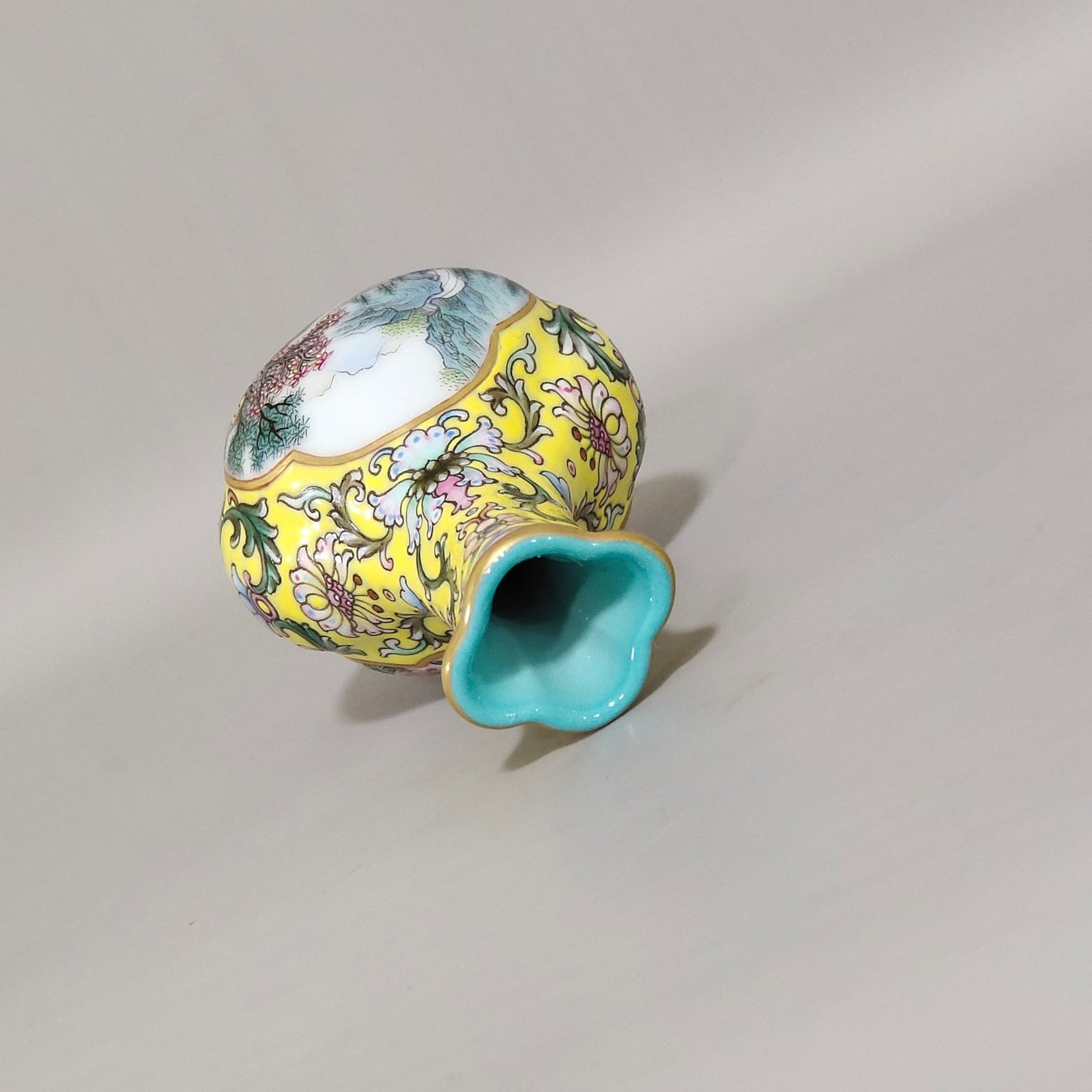 Qing Dynasty Qianlong Yangcai yellow ground windowed small begonia-shaped vase