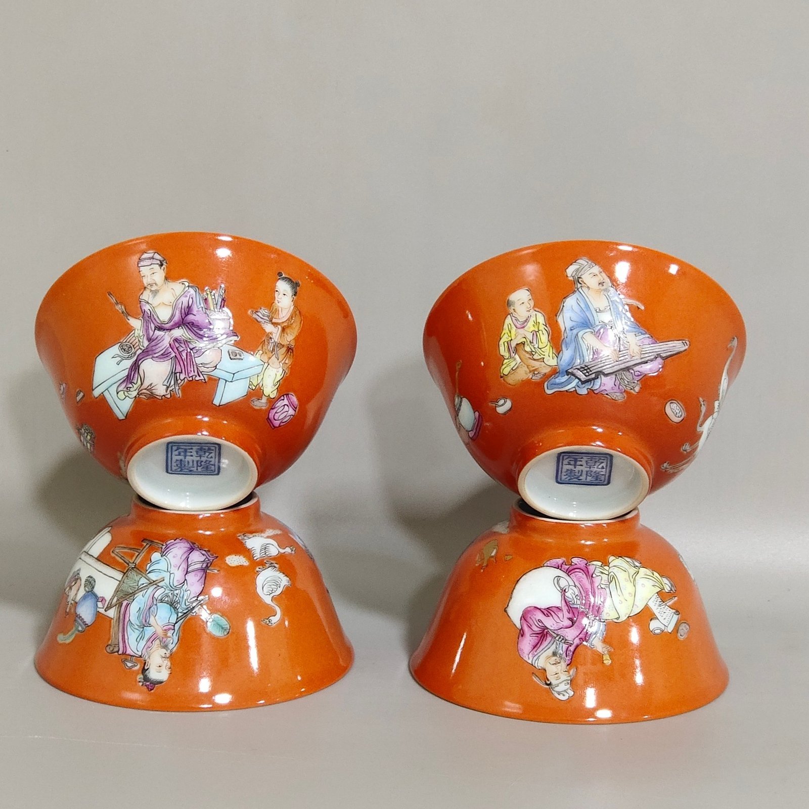 Qing Dynasty Qianlong coral red figure cup set