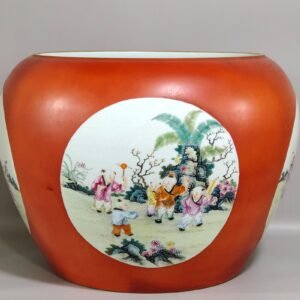 Qing Dynasty Qianlong Coral red apple vat with window showing baby playing