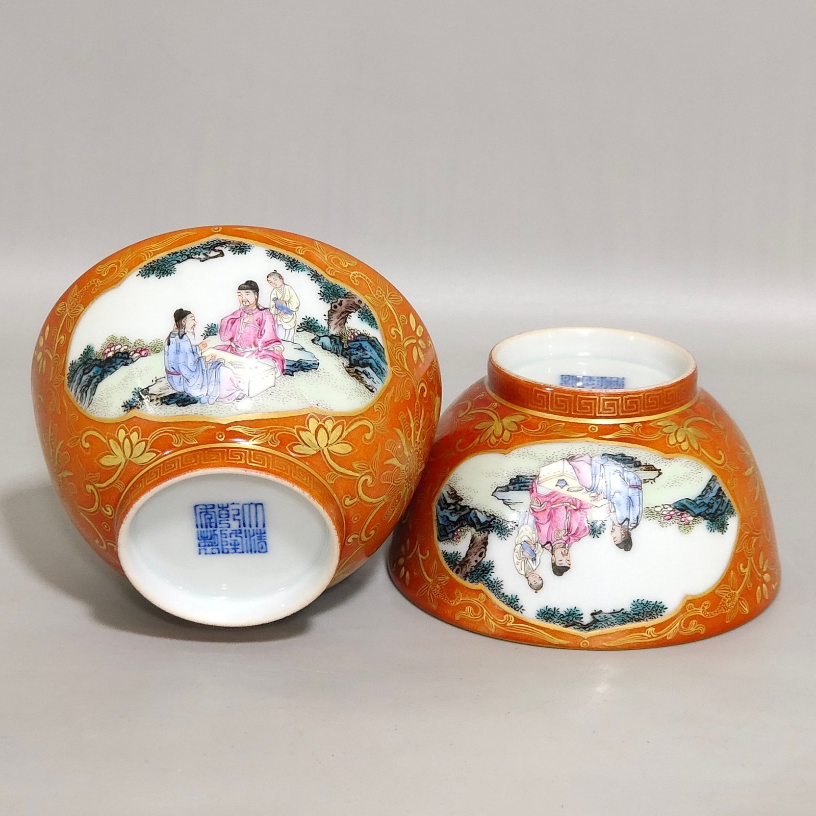 Qing Dynasty Qianlong coral red gold-painted window character story cup
