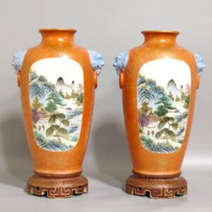 Qing Dynasty Qianlong Coral red gold-painted window landscape amphora