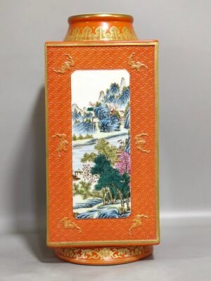Qing Dynasty Qianlong a coral-red carving gold-painted window landscape and square cong-style vase